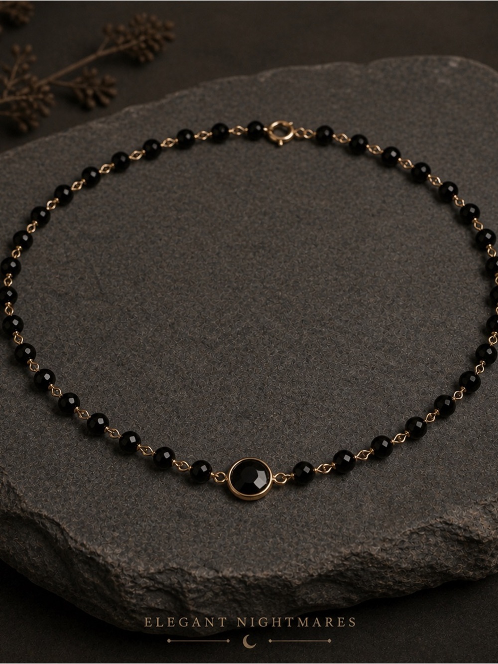 Black Onyx Choker Gold Filled Dainty Necklace Minimalist Dark Feminine Jewelry - Picture 2 of 4